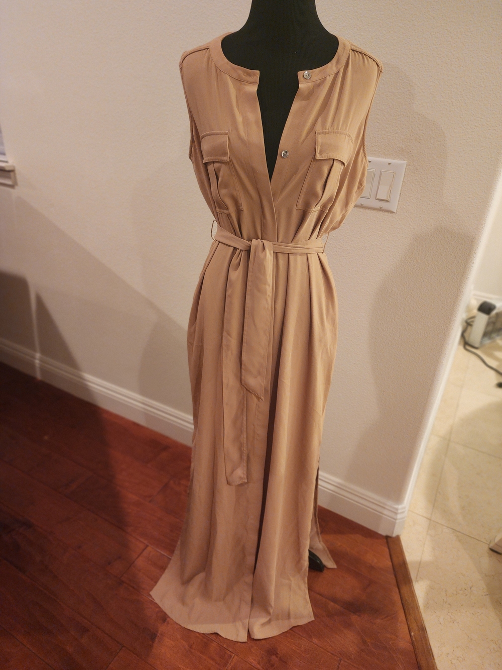 White House Black Market Sleeveless Tan Maxi Shirt Dress with Self Tie